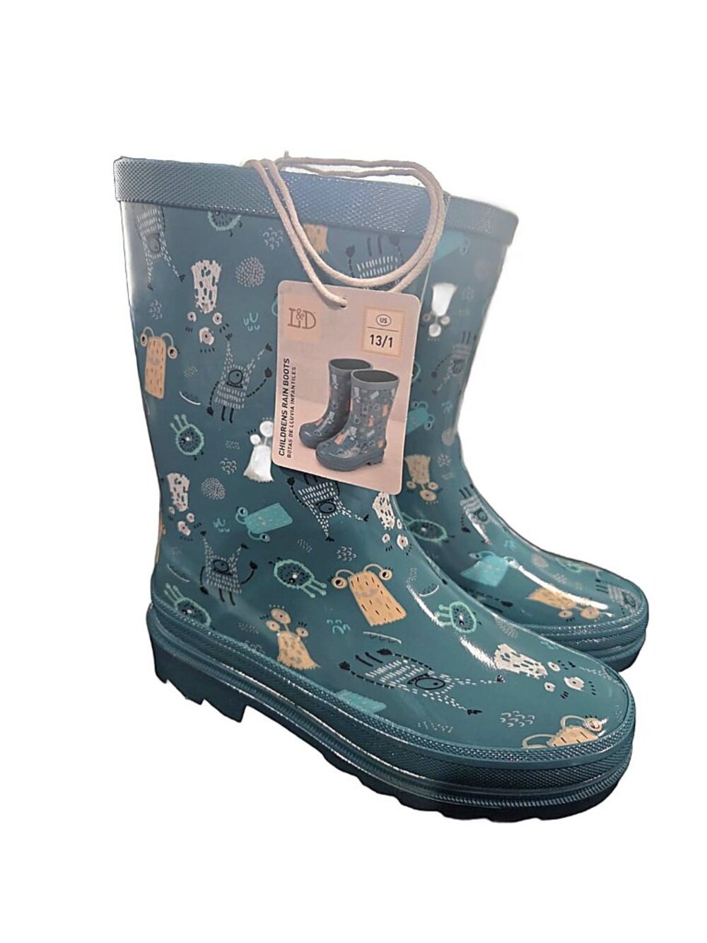 NWT Lily & Dan Kids Rain Boots Monster Print Teal Size 13/1 In Box